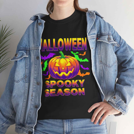 Retro Halloween T-Shirt - Neon Pumpkin & Bats 'Spooky Season' Tee - 80s/90s Style
