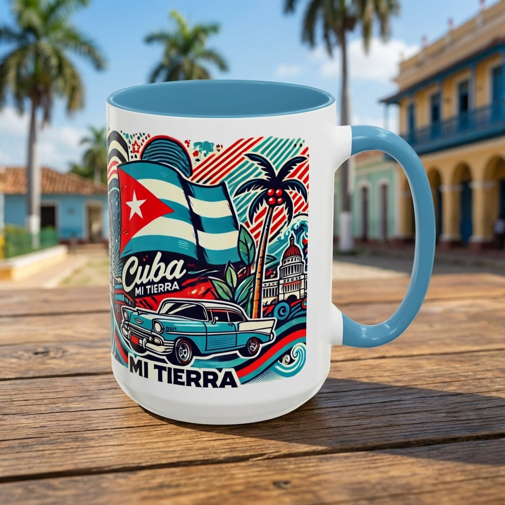 Mug with Cuban-themed design featuring a car, flag, and palm trees on a wooden table with a colorful building in the background.