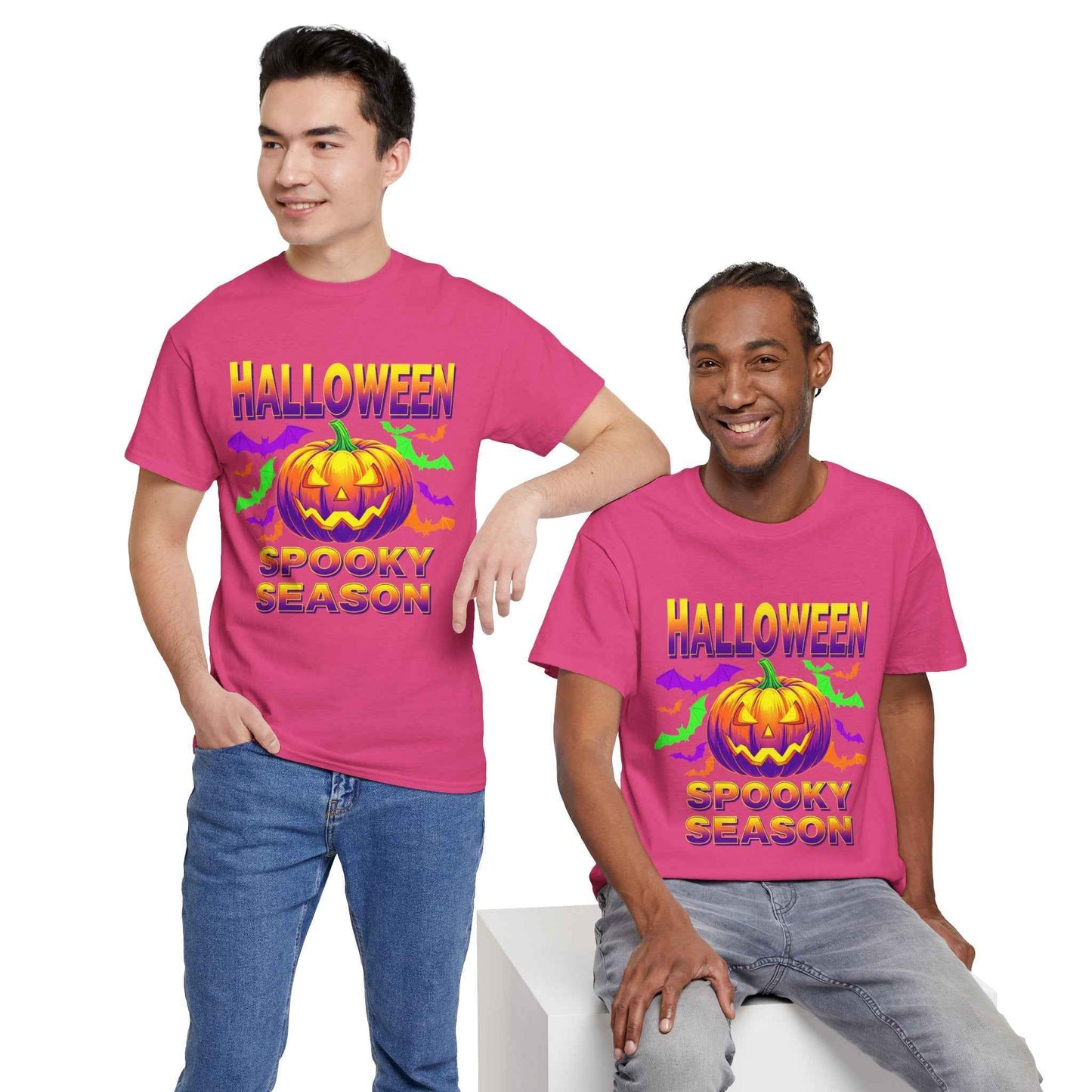 Retro Halloween T-Shirt - Neon Pumpkin & Bats 'Spooky Season' Tee - 80s/90s Style