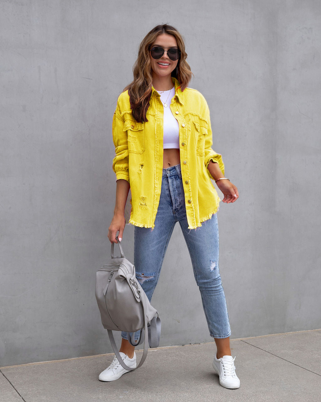 Women's Ripped Denim Shirt Jacket - Casual Loose Fit Long Sleeve Coat