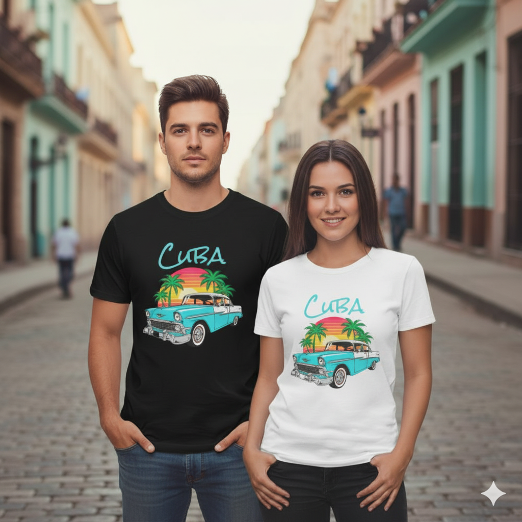 Camiseta Cuba Carro Clásico - T-Shirt Vintage Cubana con Atardecer