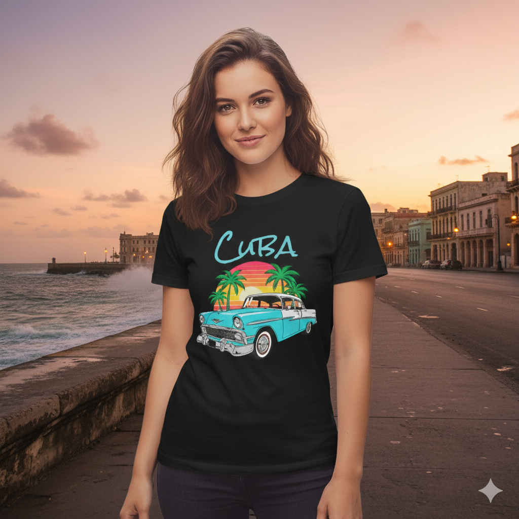Camiseta Cuba Carro Clásico - T-Shirt Vintage Cubana con Atardecer