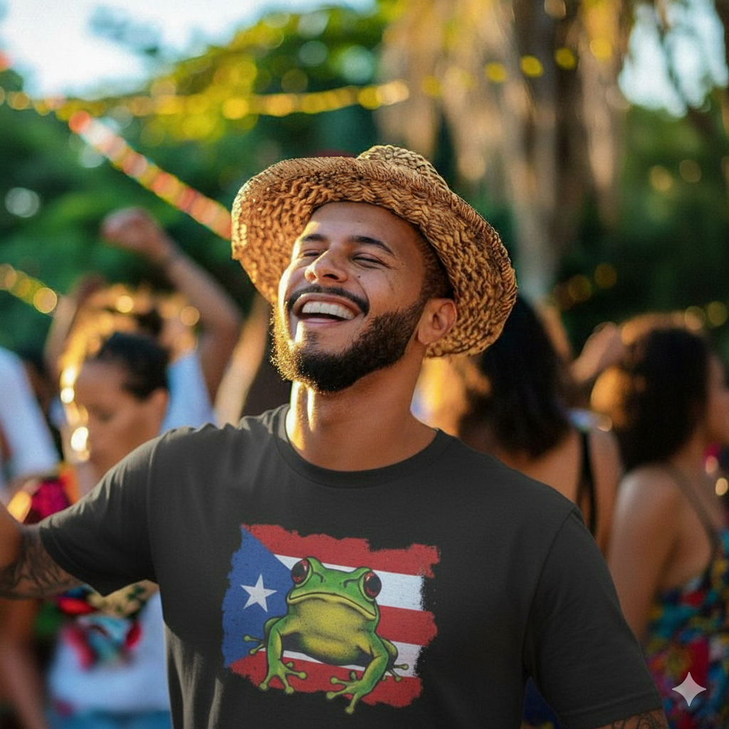Man wearing a straw hat and t-shirt with a frog graphic, surrounded by people in a festive outdoor setting.
