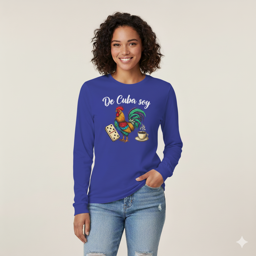 "De Cuba Soy" Long Sleeve Tee - Cuban Cultural Design with Rooster, Domino, and Coffee