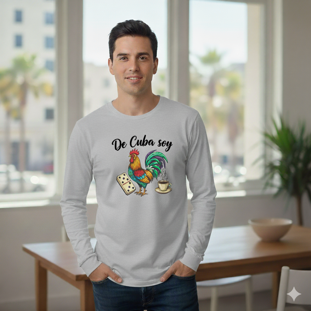 "De Cuba Soy" Long Sleeve Tee - Cuban Cultural Design with Rooster, Domino, and Coffee