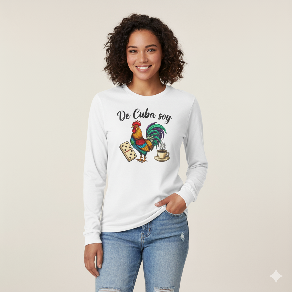 "De Cuba Soy" Long Sleeve Tee - Cuban Cultural Design with Rooster, Domino, and Coffee