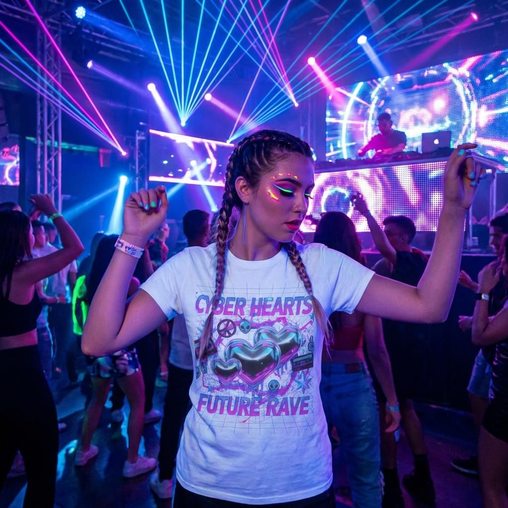 Person dancing at a rave with colorful lights and a 'Future Rave' t-shirt.