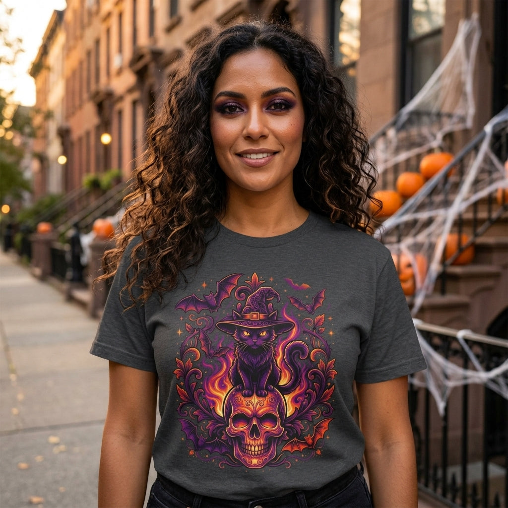 Witch Cat Halloween T-Shirt | Purple & Orange Spooky Cat Graphic Tee
