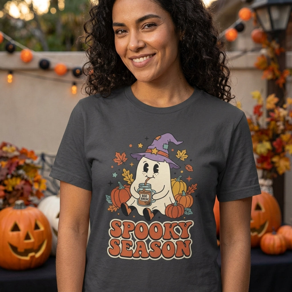 Spooky Season Ghost T-Shirt | Cute Ghost in Witch Hat with Pumpkins & Falling Leaves