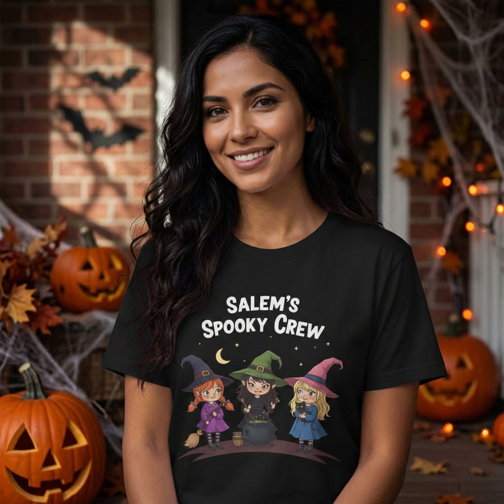 A woman wearing a light pink graphic t-shirt with the text 'SALEM'S SPOOKY CREW' and an illustration of three cartoon witches. The background is a decorated Halloween porch with pumpkins, spiderwebs, and warm string lights.