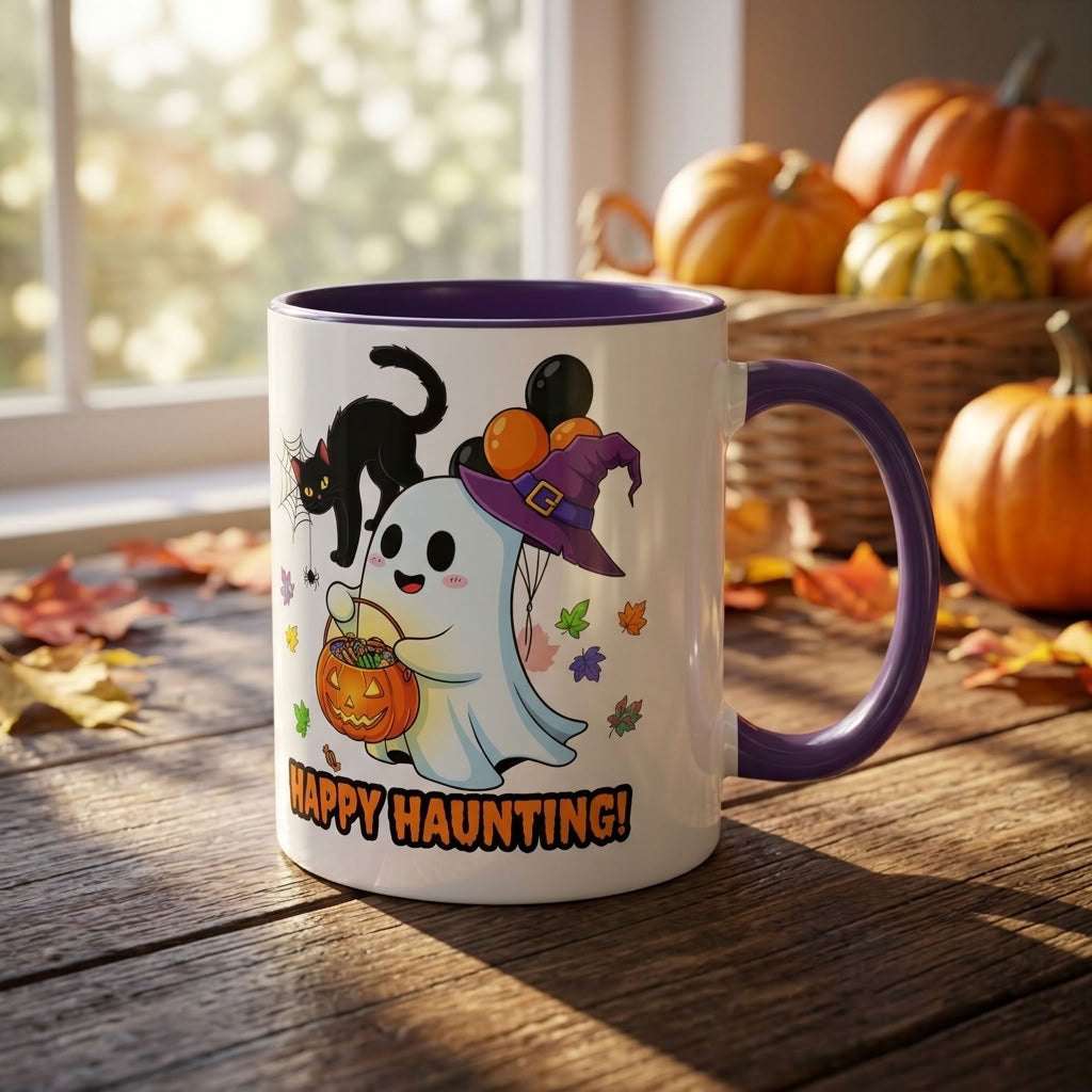 Happy Haunting! Halloween Ghost Coffee Mug | Ghost, Black Cat & Pumpkin Design | 11oz & 15oz