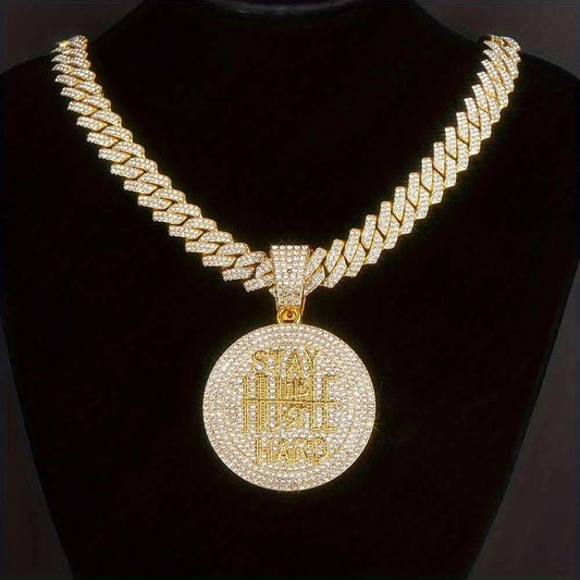 'Iced Out' Cuban Chain Necklace with "STAY HUMBLE HUSTLE HARD" Medallion Pendant – Luxury Hiphop Statement Piece (13mm)