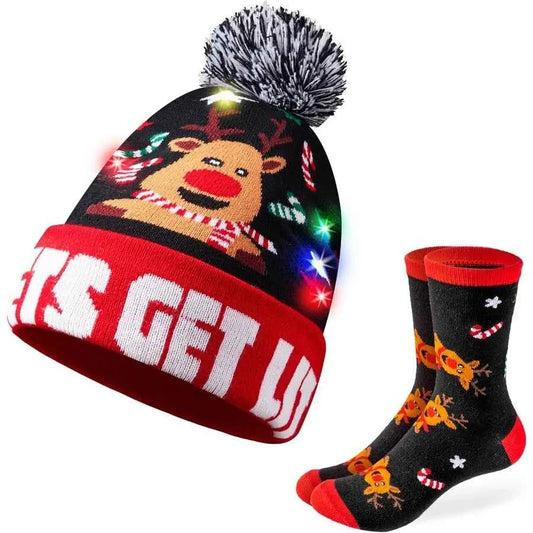 LED Christmas Hat - Light-Up Reindeer Beanie