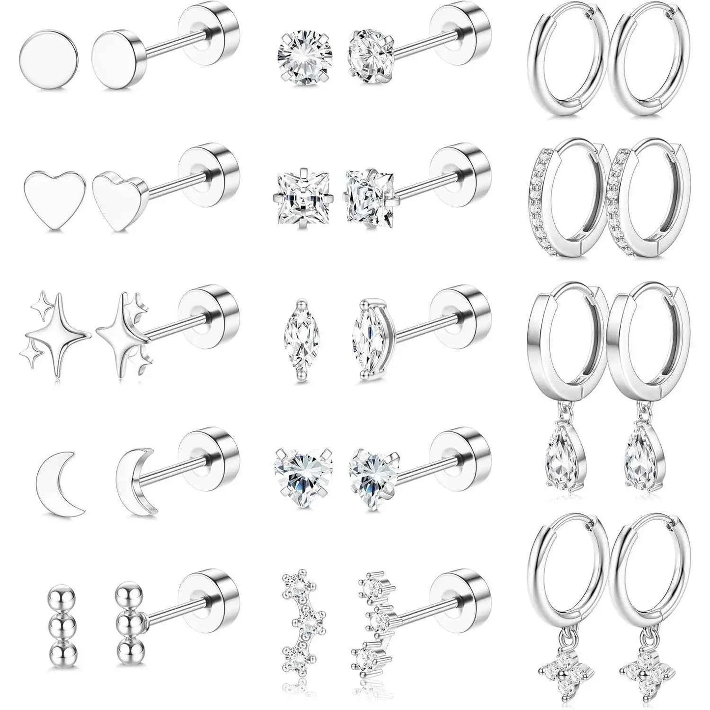 Hypoallergenic Flat Back Earrings Set for Women 14K Gold-plated Surgical Steel Stud Hoop Earrings Cartilage Piercing Jewellry