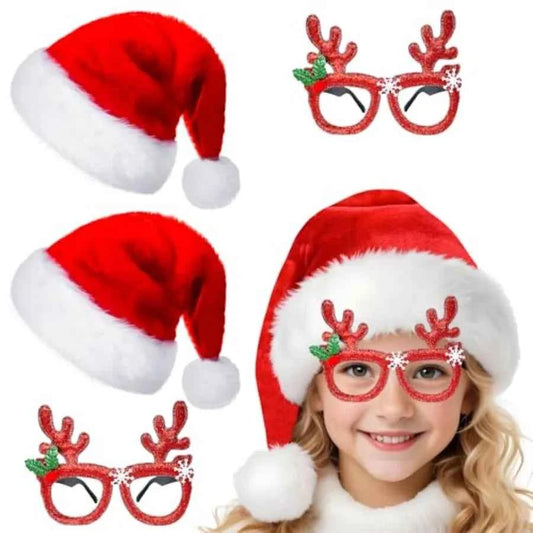 4-Pack Santa Hats with Christmas Glasses - Festive Party Set