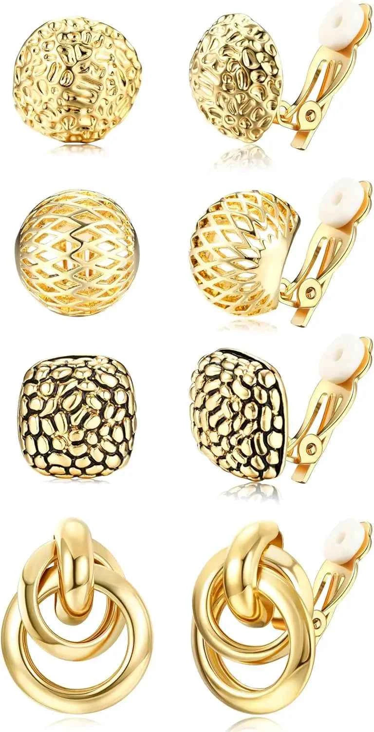 4Pairs Clip On Earrings for Women Chunky Teardrop Clip Earrings Twist Round Clip On Stud Earrings No Piercing Fake Earrings Set
