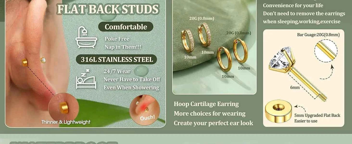 Flat Back Earrings Set - 11 Pairs Surgical Steel Studs & Hoops for Cartilage Helix Tragus
