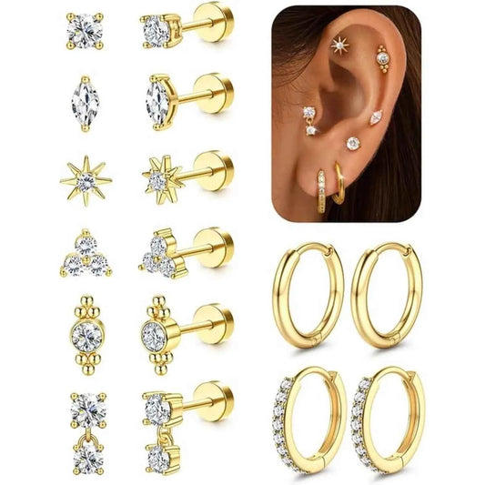 8 Pairs 14K Gold Plated Surgical Steel Flat Back Earrings & Huggie Hoops Set – Hypoallergenic Cartilage & Lobe Piercing Jewelry (20G)
