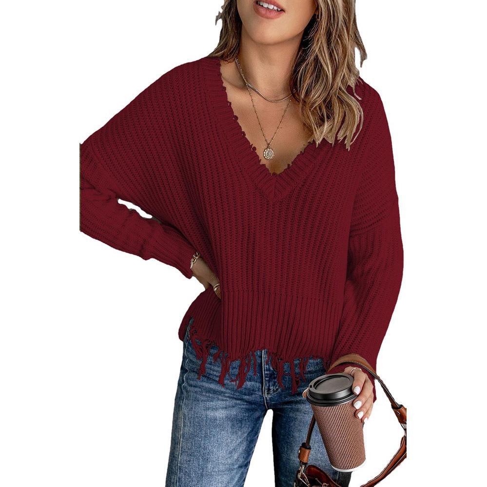 Women's Cotton Tassel Sweater - Ripped Knitted Fashion Pullover