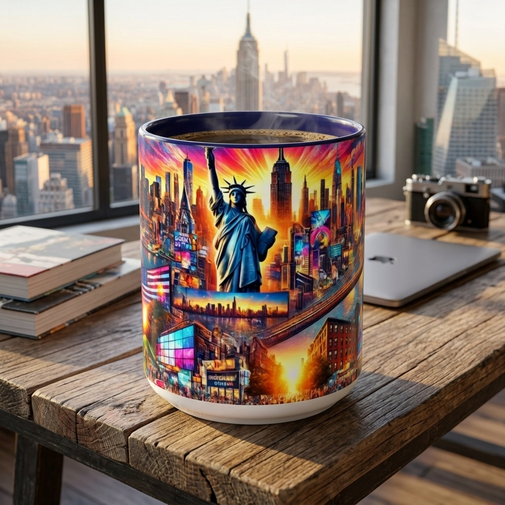 A large ceramic mug featuring a vibrant, colorful New York City skyline print with the Statue of Liberty and sunset lighting, sitting on a rustic wooden table in a modern loft setting with a laptop, camera, and city view in the background.