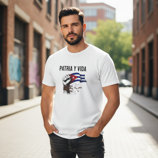 Man wearing a white t-shirt with 'Patria y Vida' and a flag design on a street.