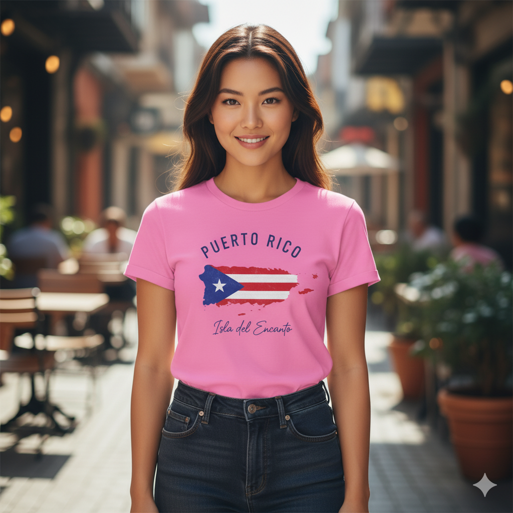 Woman wearing a pink 'Puerto Rico' t-shirt with a map design in an outdoor setting.