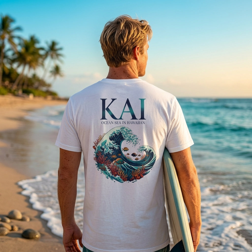 A man standing on a beach with his back to the camera, wearing a white graphic t-shirt with 'KAI OCEAN SEA IN HAWAIIAN' and a wave design featuring a panda. He is holding a surfboard against his side.