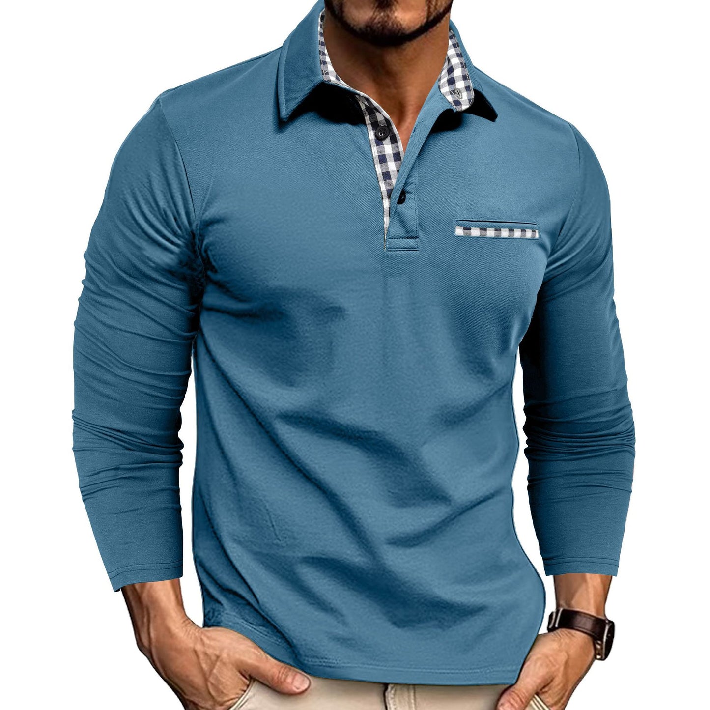 Men's Plaid Splicing Polo Shirt - Long Sleeve Lapel Collar Casual Top