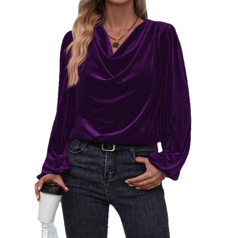 Women's Pile Collar Pullover Top - Loose Fit Long Sleeve Solid Color Shirt