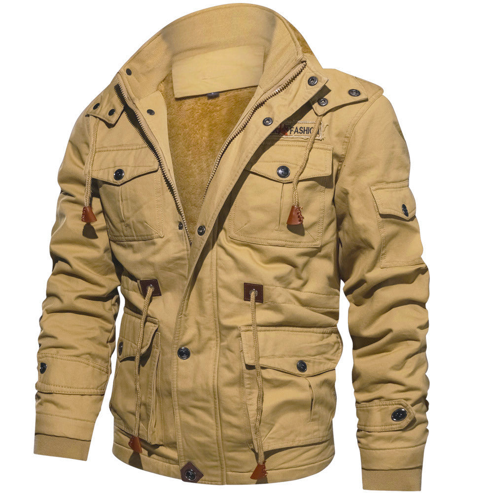 Men's Cargo Winter Jacket - Detachable Hood Multi-Pocket Zip-Up Coat