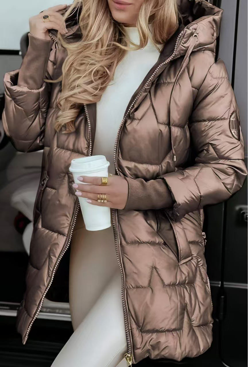 Women's Elegant Hooded Down Jacket - Lightweight Puffer Cardigan Coat for Winter