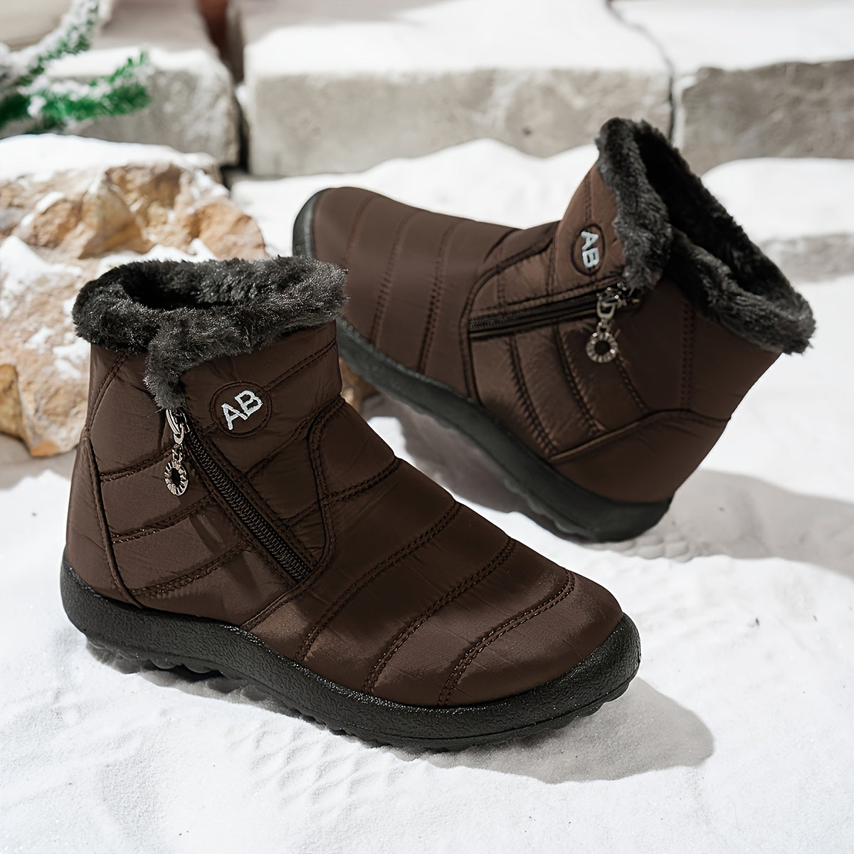 Women's Warm Ski Boots - Side-Zip Mid-Calf Winter Boots with Fleece Lining