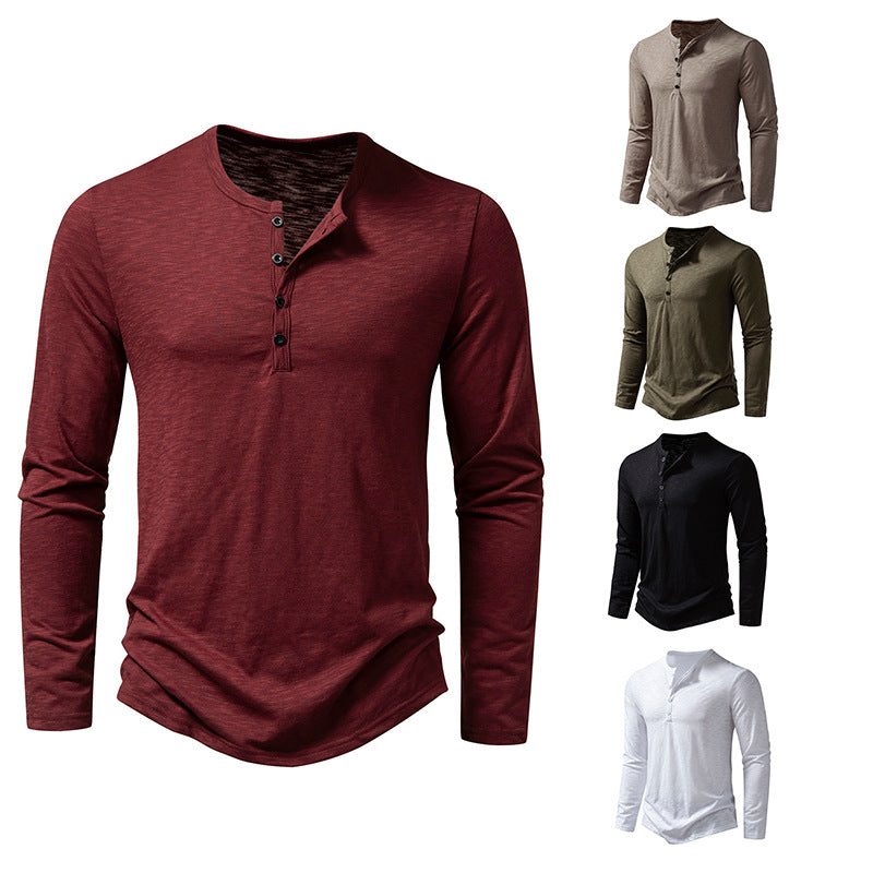 Men's Long Sleeve T-Shirt - Casual Solid Color Pullover with Button Detail