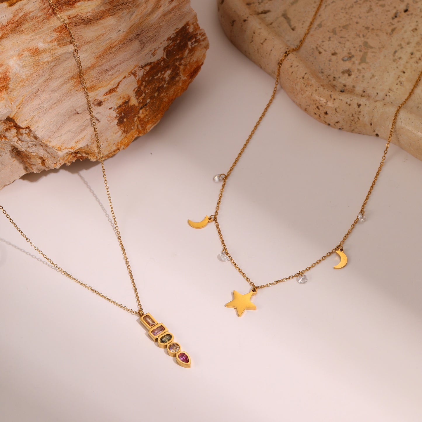 Colorful Zircon Star Pendant Necklace - Stainless Steel Fashion Jewelry