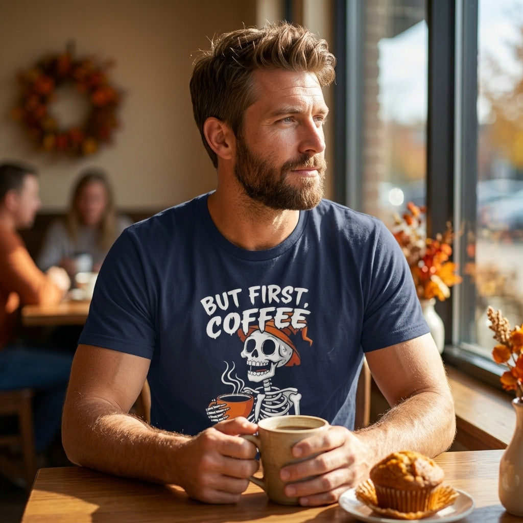A man sitting at a cafe table wearing a navy blue graphic t-shirt that reads 'BUT FIRST, COFFEE' above a skeleton holding a coffee cup. He is holding a paper coffee cup, with a muffin on a plate in front of him.