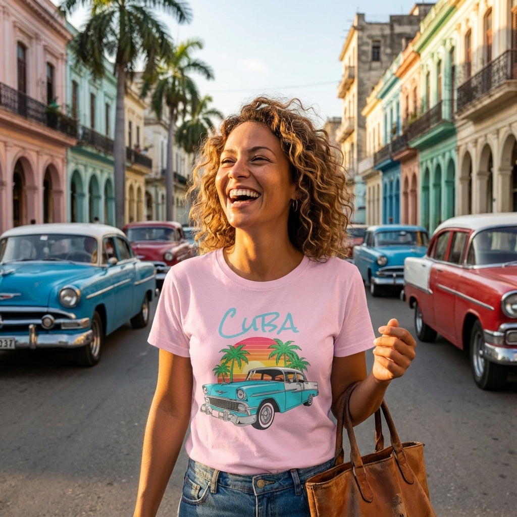 Woman in a pink 'Cuba' t-shirt with vintage car design standing on a colorful street with classic cars.