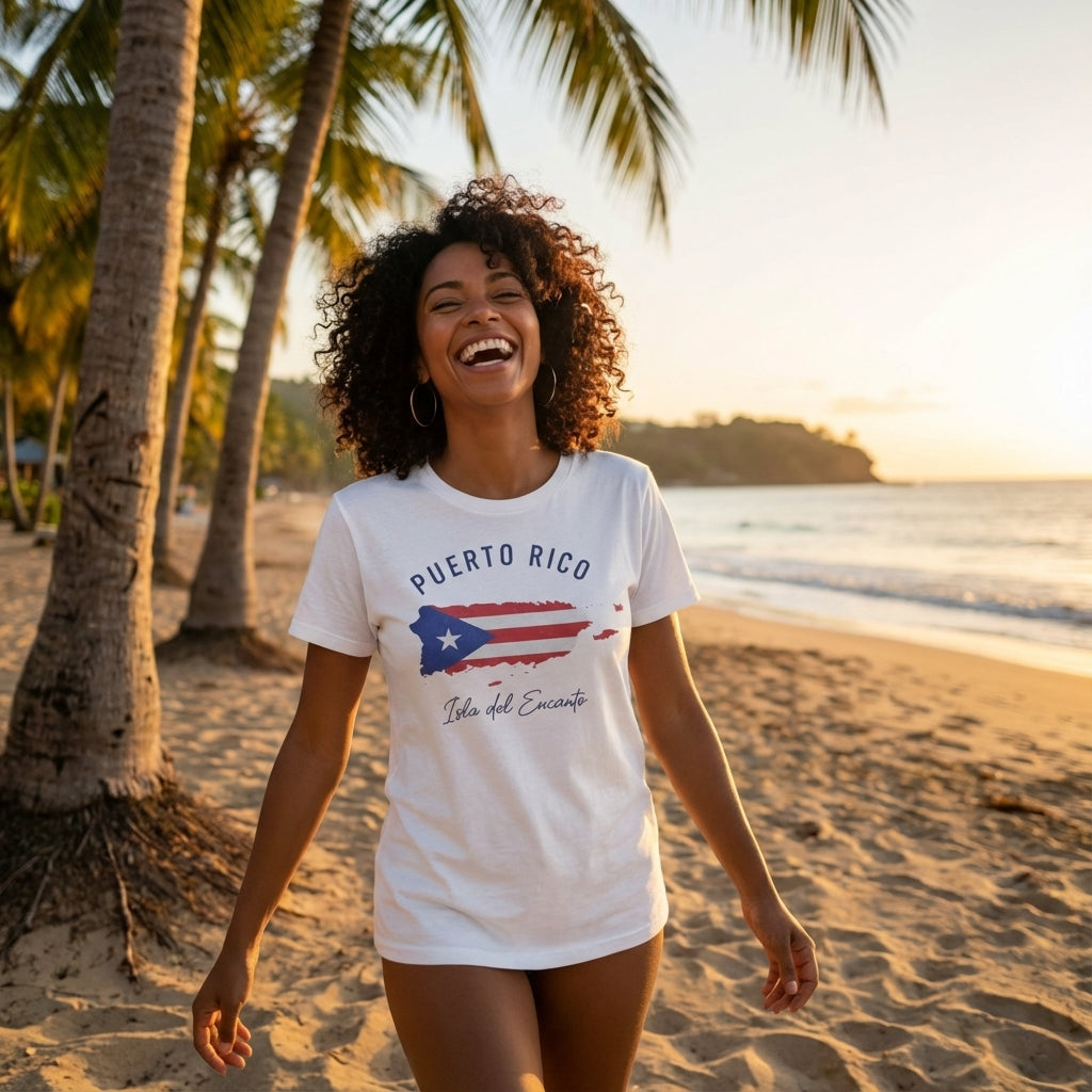 Woman walking on a beach with palm trees and sunset, wearing a 'Puerto Rico' t-shirt.
