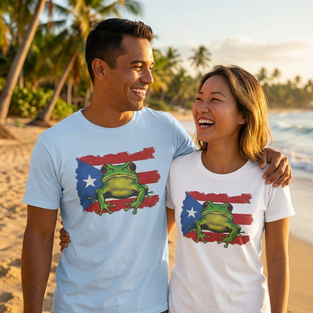 Two people on a beach wearing t-shirts with frog graphics and flag designs.