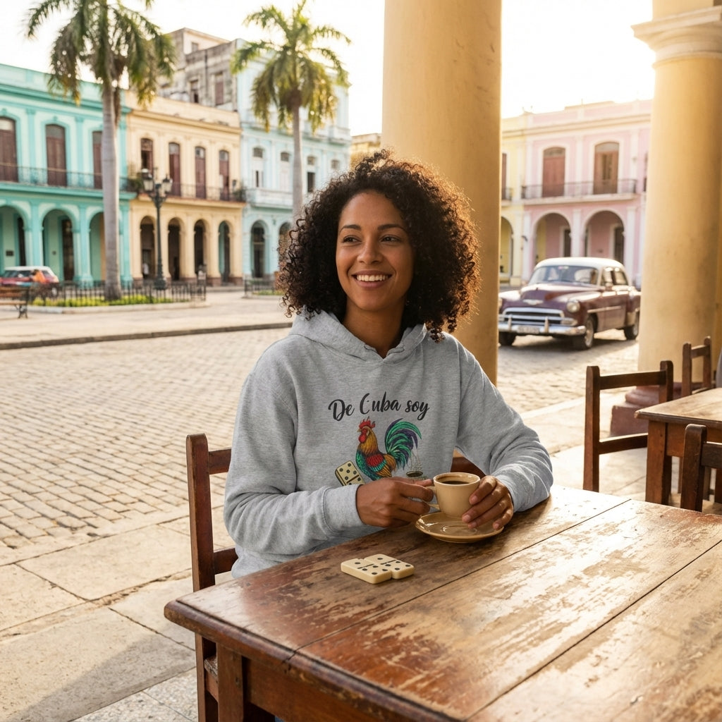 Woman sitting at a table in a Cuban street, holding a cup of coffee.