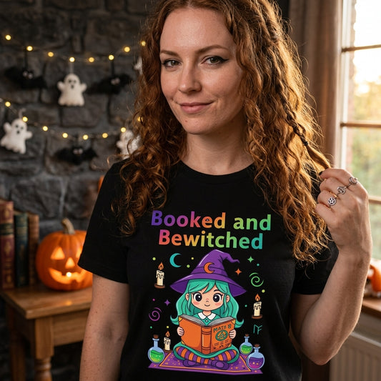 Booked and Bewitched T-Shirt | Witch Book Lover Halloween Graphic Tee