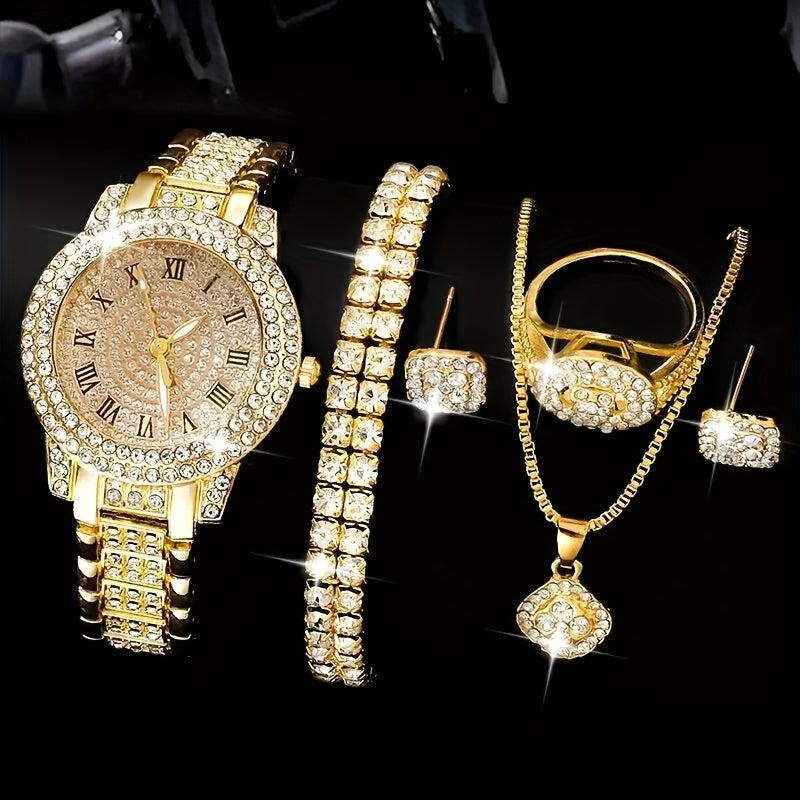 5-Piece Gold Jewelry Set - Watch, Ring, Necklace & Earrings Collection