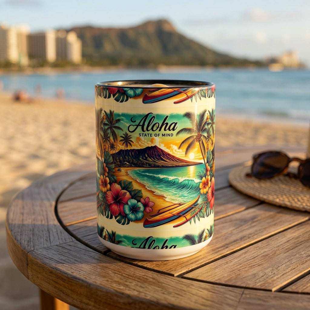 A ceramic mug with a colorful Hawaiian beach illustration and 'Aloha State of Mind' text, sitting on a wooden beach table with a blurred beach and Diamond Head Mountain in the background.