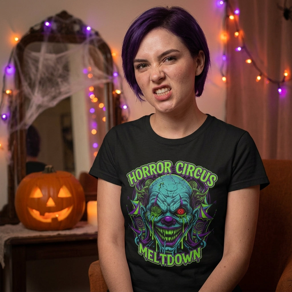 Horror Circus T-Shirt | Neon Scary Clown Graphic Tee for Halloween