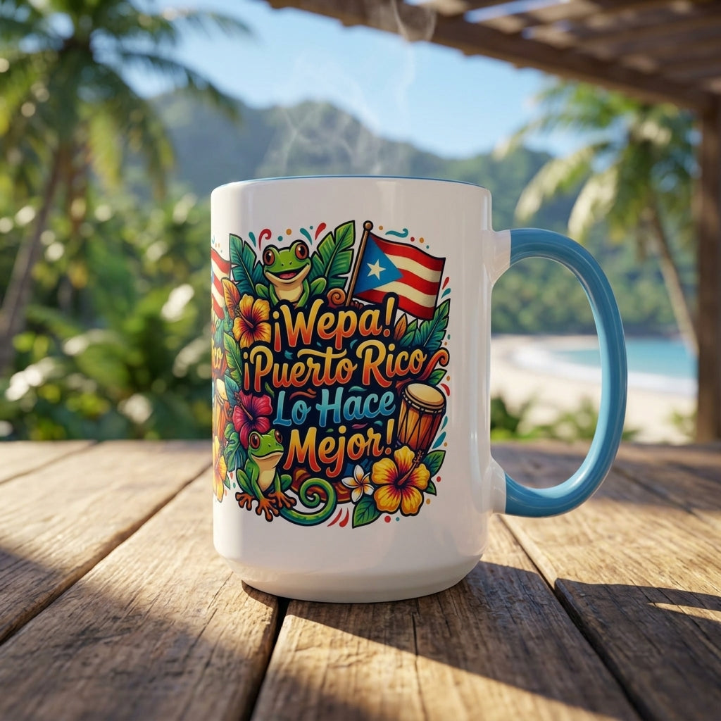 Wepa! Puerto Rico Lo Hace Mejor Accent Coffee Mug | Puerto Rican Flag, Coquí, Floral Design