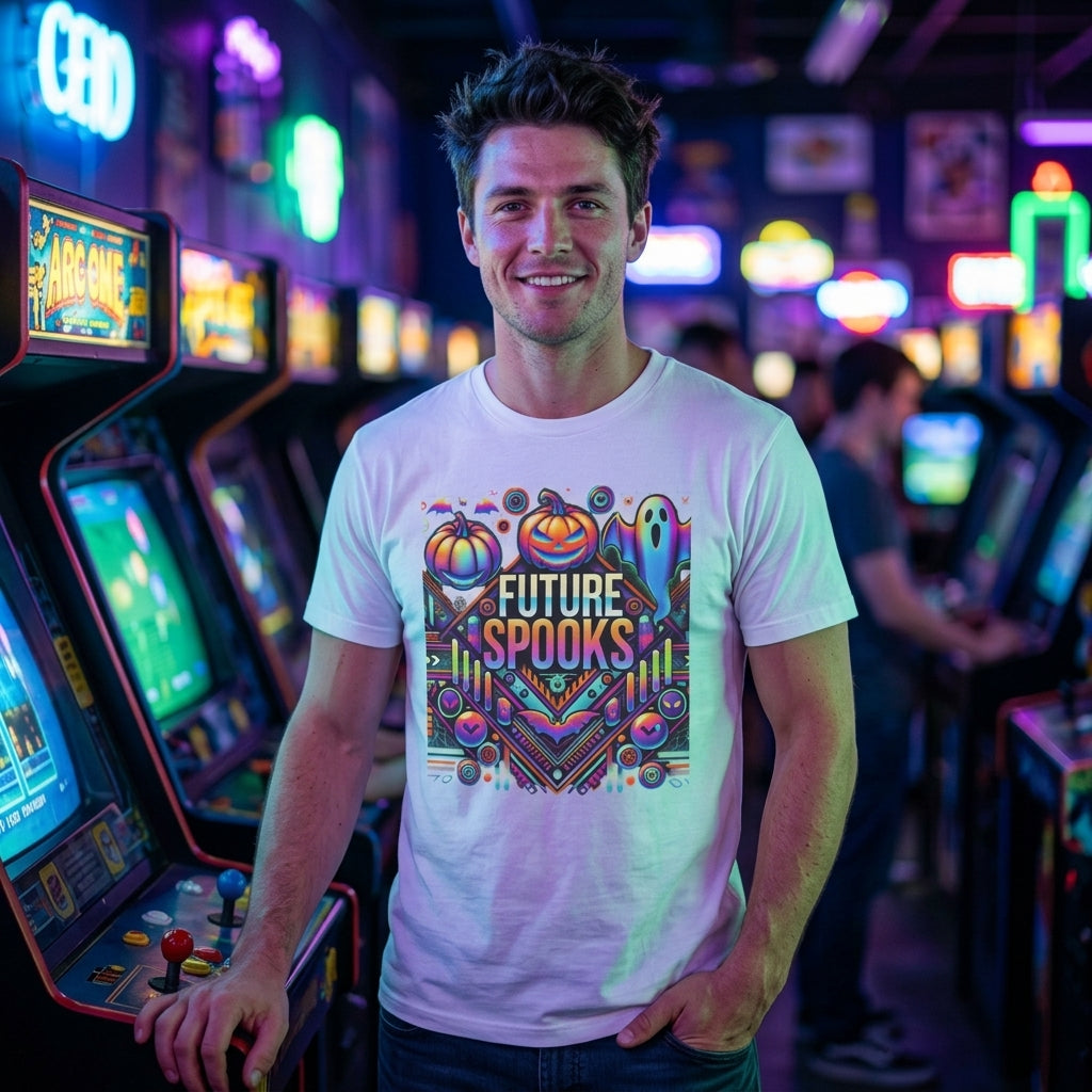 A man wearing a white graphic t-shirt with a colorful 'FUTURE SPOOKS' design stands in an arcade room surrounded by neon signs and vintage arcade machines.