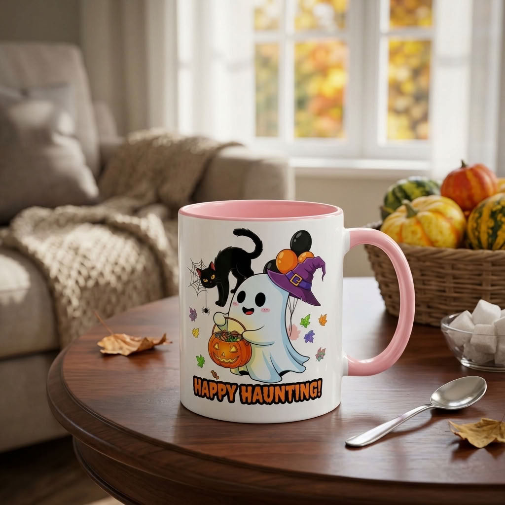 Happy Haunting! Halloween Ghost Coffee Mug | Ghost, Black Cat & Pumpkin Design | 11oz & 15oz