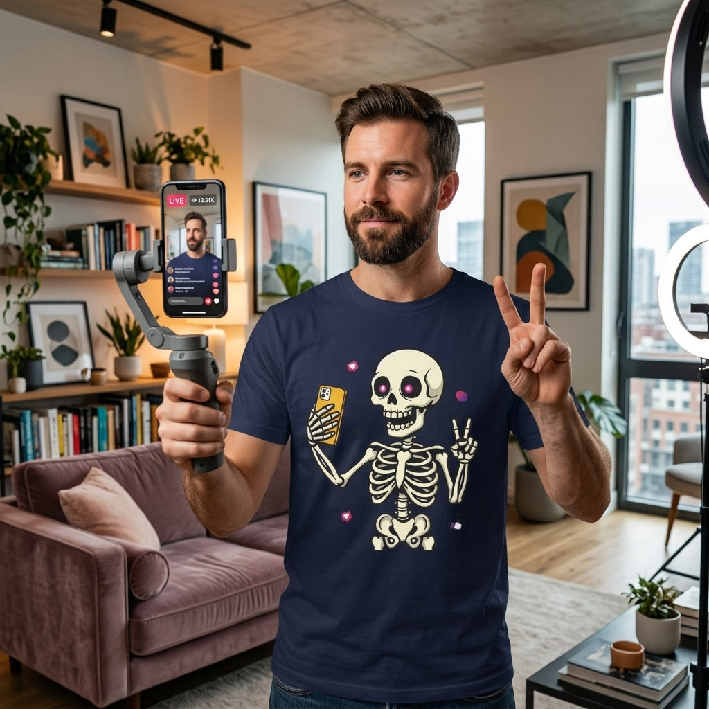 Skeleton Selfie T-Shirt | Funny Spooky Skull Halloween Graphic Tee