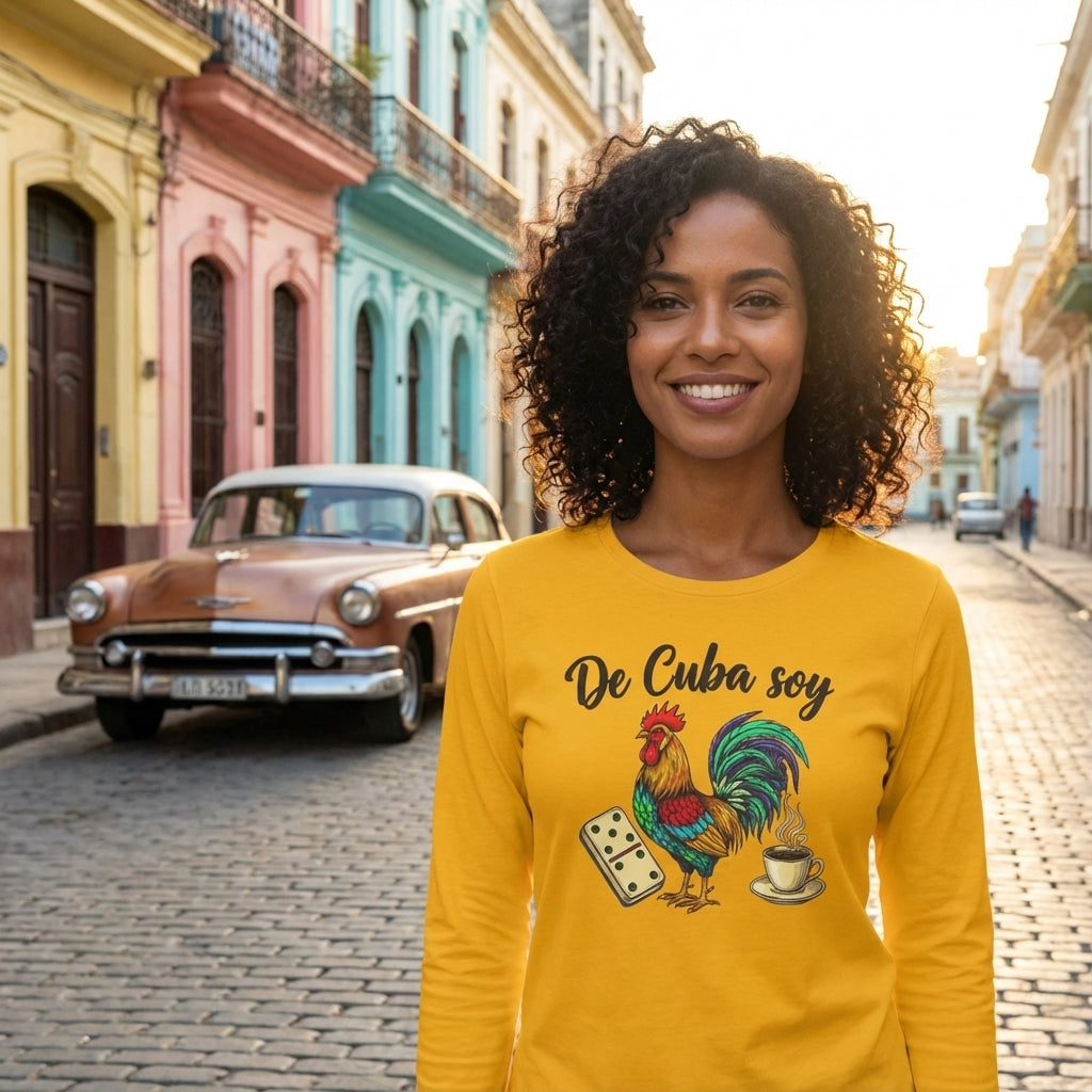 Woman wearing a yellow shirt with a rooster design and text, standing on a colorful street.
