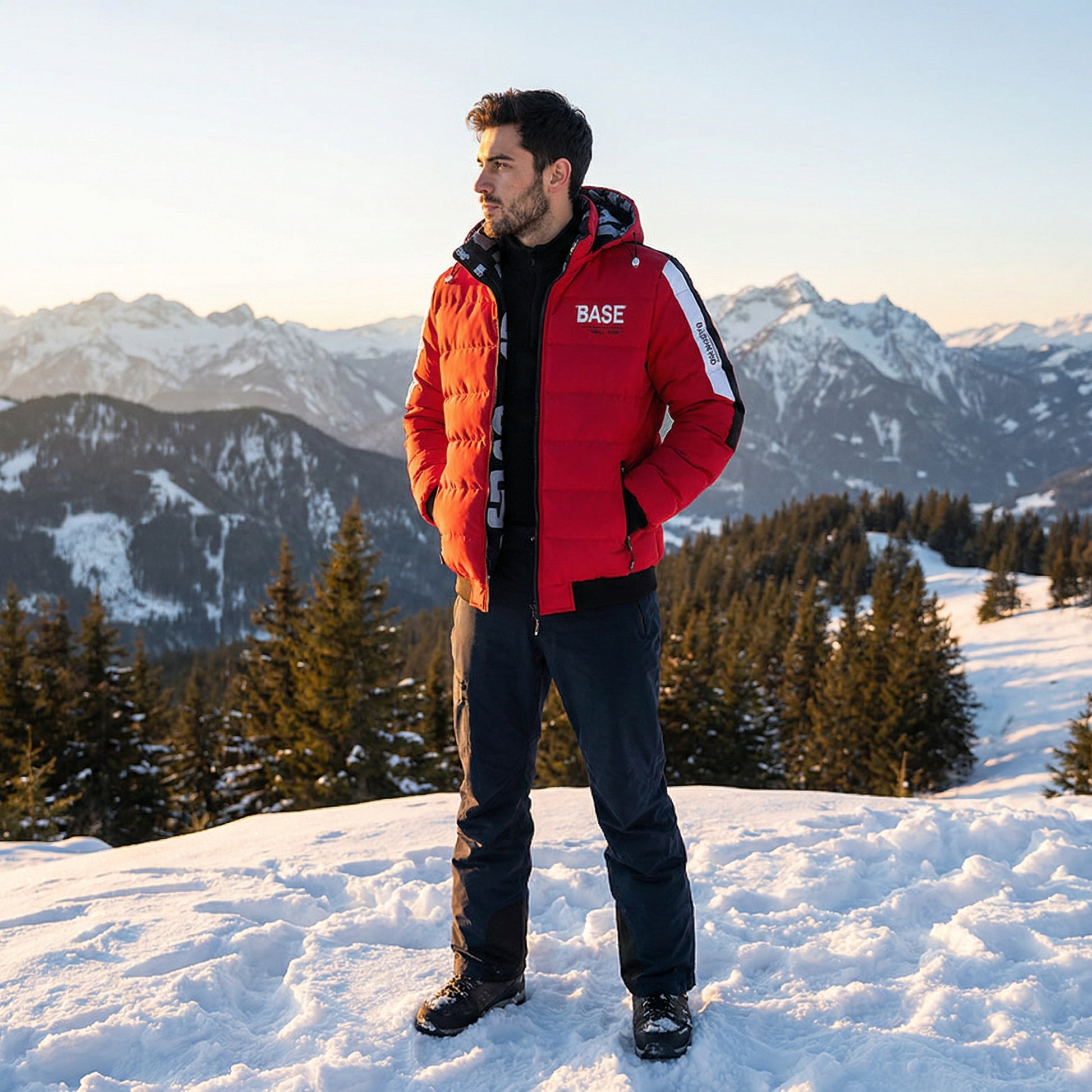 Man wearing a red jacket with 'BASE' branding in a snowy mountain landscape