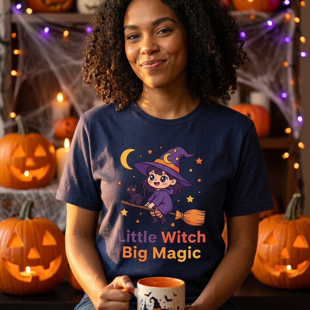 Little Witch Big Magic T-Shirt | Cute Witch Cat Halloween Graphic Tee